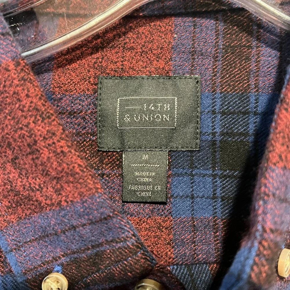 14th & Union Flannel Shirt Mens M Burgundy Blue Plaid Button Down‎ Cotton New